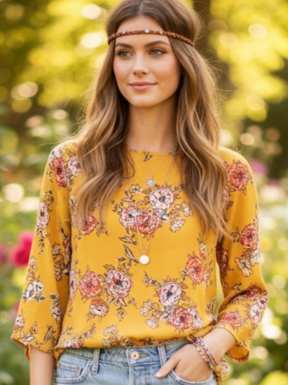 StitchFix Papermoon mustard yellow floral blouse. Sleeve ties. Larie Crew XS